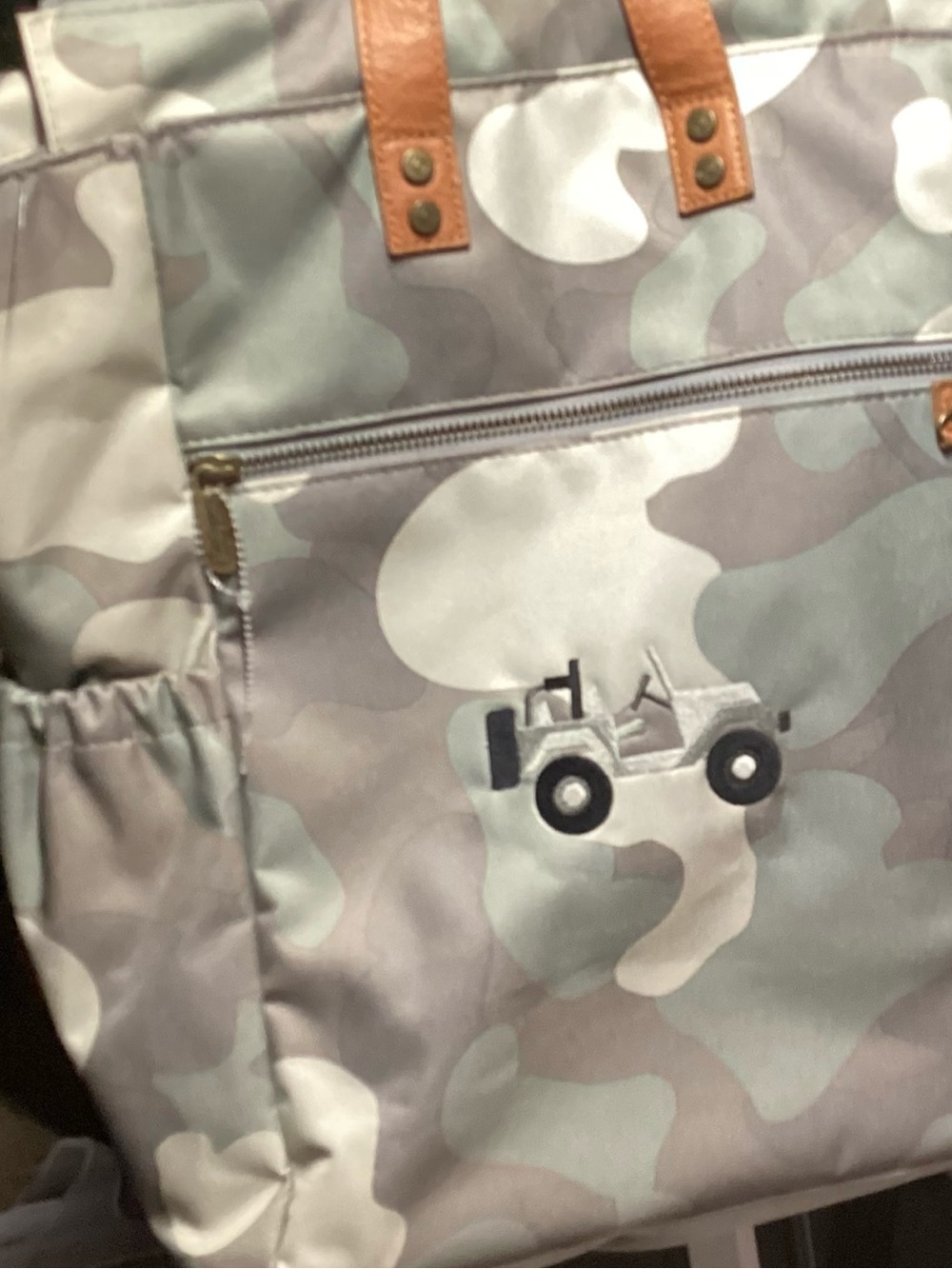 thirty-one Kids Camo Tote in Gray and Sage with Tractor Accent